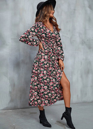 Floral V-Neck Slit Midi Dress - MimiStylez