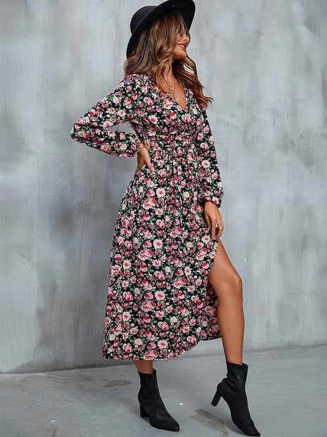 Floral V-Neck Slit Midi Dress - MimiStylez