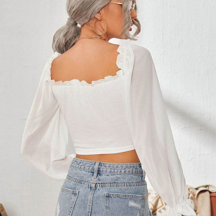 Mesh Sweetheart Neck Flounce Sleeve Top - MimiStylez