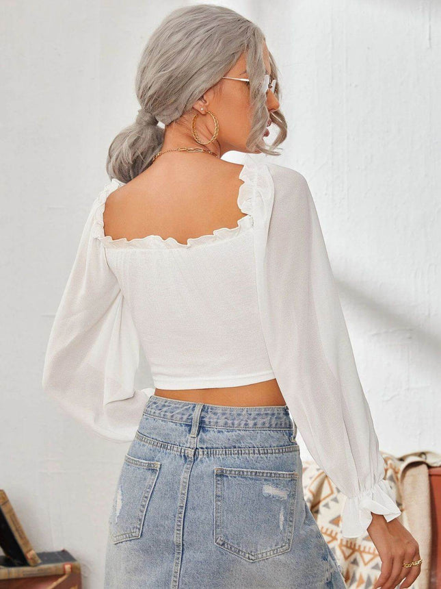 Mesh Sweetheart Neck Flounce Sleeve Top - MimiStylez