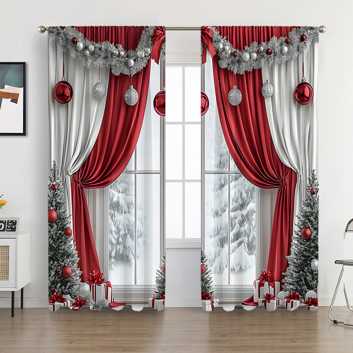 2PCs European Curtain Christmas Series Curtain Factory Generation 3D Digital Printing