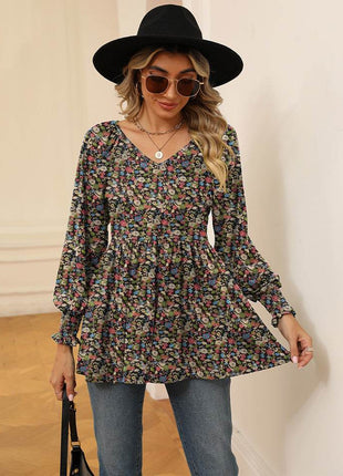 Printed V-Neck Lantern Sleeve Blouse - MimiStylez