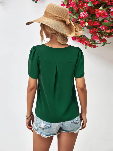 Cutout Round Neck Petal Sleeve Blouse - MimiStylez