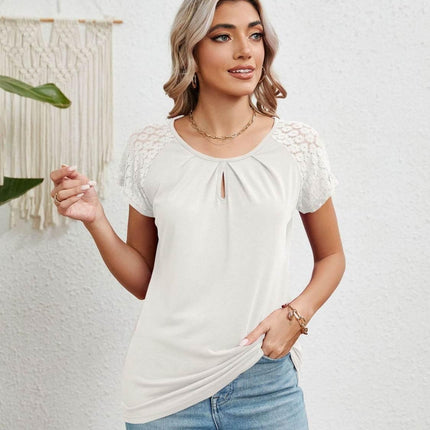 Lace Detail Round Neck Short Sleeve T-Shirt - MimiStylez