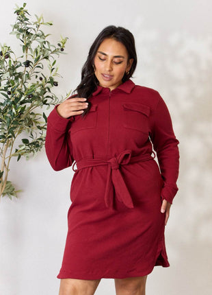 Culture Code Full Size Tie Front Half Zip Long Sleeve Shirt Dress - MimiStylez