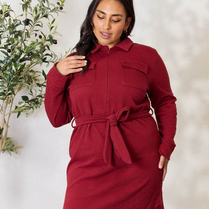 Culture Code Full Size Tie Front Half Zip Long Sleeve Shirt Dress - MimiStylez