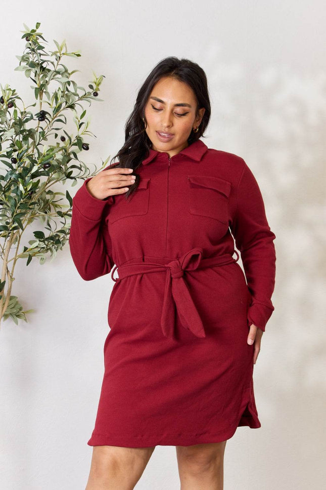Culture Code Full Size Tie Front Half Zip Long Sleeve Shirt Dress - MimiStylez