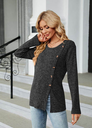 Buttoned Long Sleeve Slit Top - MimiStylez