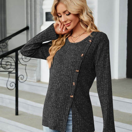 Buttoned Long Sleeve Slit Top - MimiStylez
