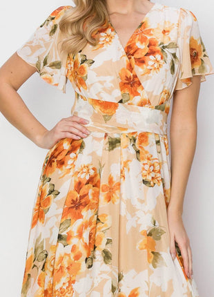 HYFVE Floral Tie Back Short Sleeve Slit Maxi Dress - MimiStylez