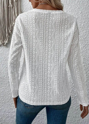 Eyelet Round Neck Long Sleeve Blouse - MimiStylez
