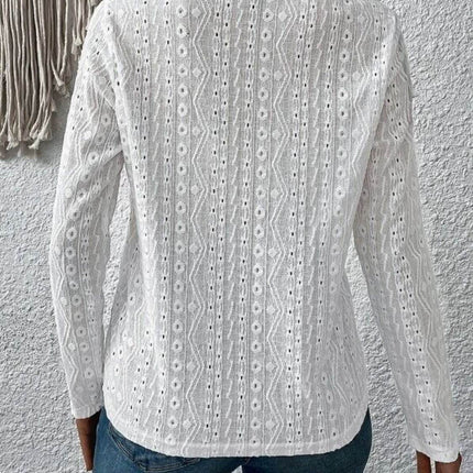 Eyelet Round Neck Long Sleeve Blouse - MimiStylez