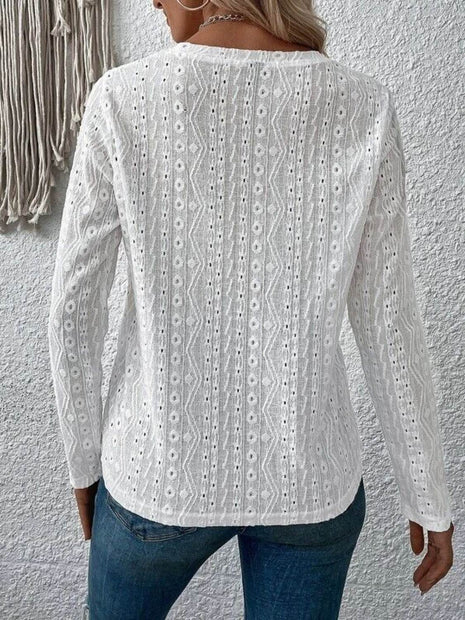 Eyelet Round Neck Long Sleeve Blouse - MimiStylez