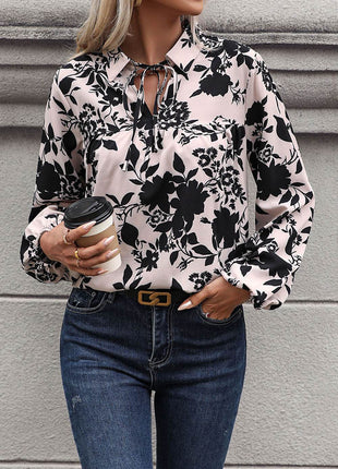 Printed Tie Neck Balloon Sleeve Blouse - MimiStylez
