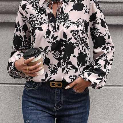 Printed Tie Neck Balloon Sleeve Blouse - MimiStylez
