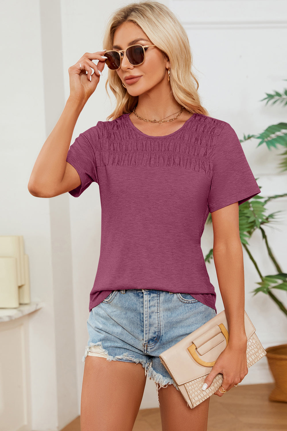 Ruched Round Neck Short Sleeve T-Shirt