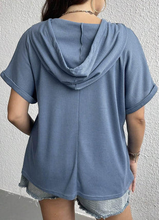 Plus Size Waffle-Knit Half Button Short Sleeve Hoodie - MimiStylez