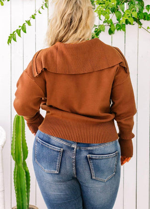 Plus Size Collared Neck Zip-Up Long Sleeve Sweater - MimiStylez