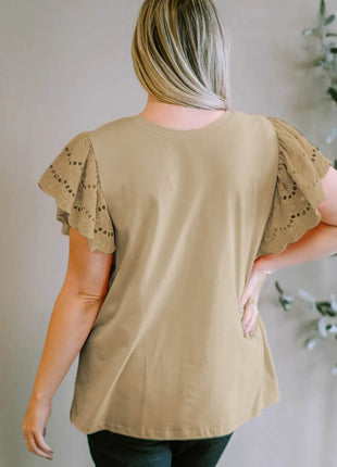 Plus Size Eyelet Round Neck Short Sleeve Blouse - MimiStylez