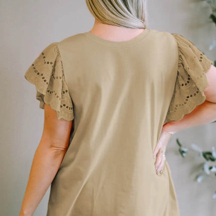 Plus Size Eyelet Round Neck Short Sleeve Blouse - MimiStylez