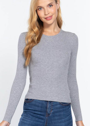 ACTIVE BASIC Full Size Ribbed Round Neck Long Sleeve Knit Top - MimiStylez