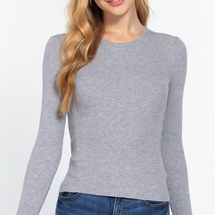 ACTIVE BASIC Full Size Ribbed Round Neck Long Sleeve Knit Top - MimiStylez