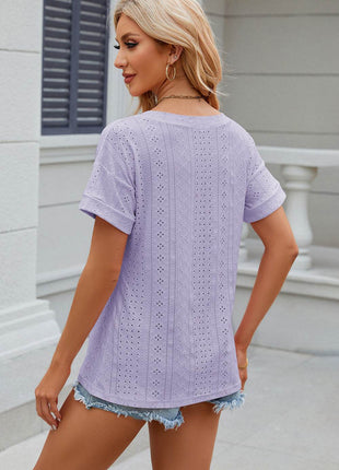 Eyelet V-Neck Short Sleeve T-Shirt - MimiStylez