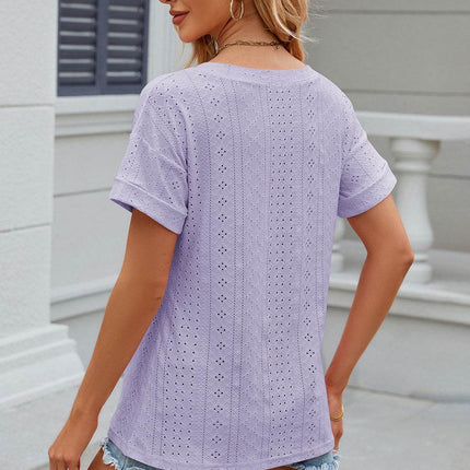 Eyelet V-Neck Short Sleeve T-Shirt - MimiStylez