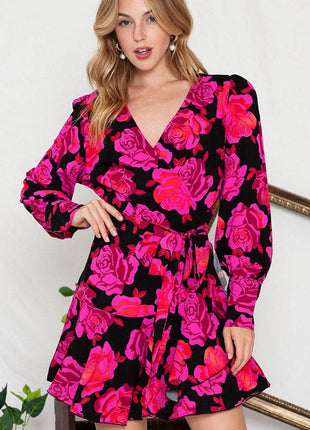 Floral Print Surplice Neck Long Sleeve Dress - MimiStylez