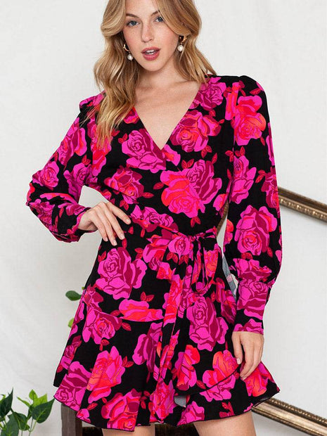 Floral Print Surplice Neck Long Sleeve Dress - MimiStylez