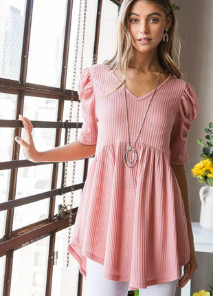 Heimish Full Size Waffle Knit V-Neck Babydoll Top - MimiStylez