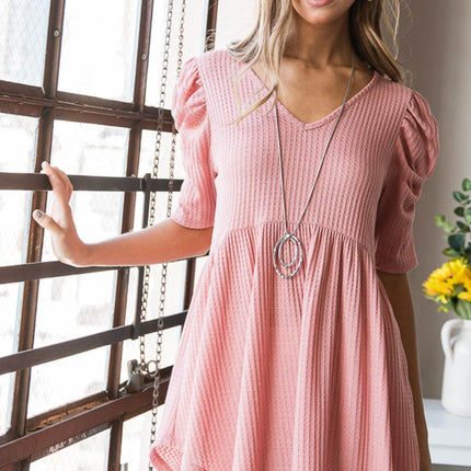 Heimish Full Size Waffle Knit V-Neck Babydoll Top - MimiStylez
