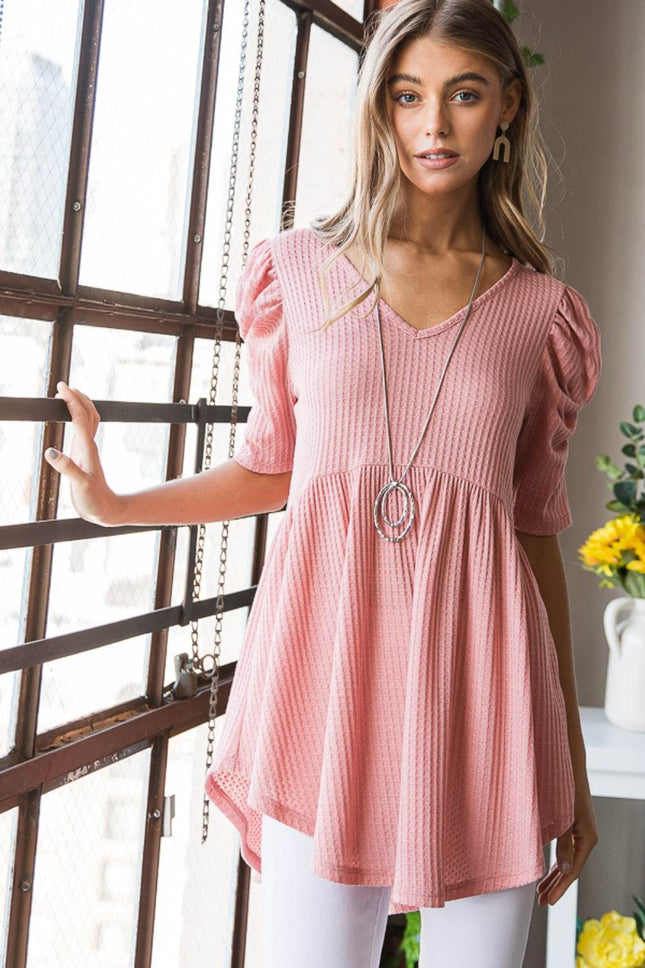 Heimish Full Size Waffle Knit V-Neck Babydoll Top - MimiStylez