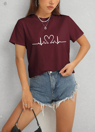 Heart Round Neck Short Sleeve T-Shirt - MimiStylez