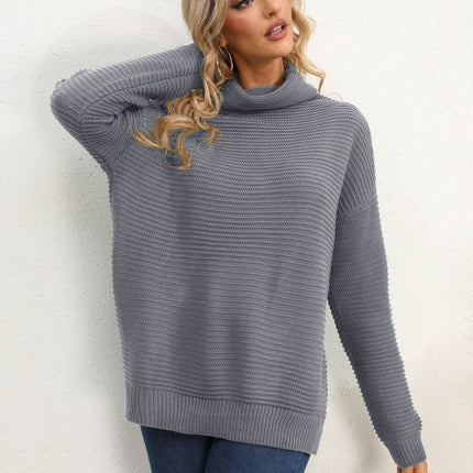 Slit Turtleneck Dropped Shoulder Sweater - MimiStylez