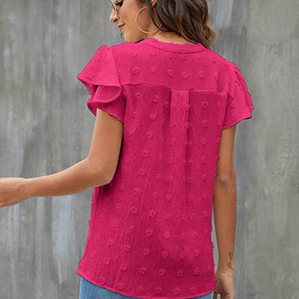 Swiss Dot Notched Cap Sleeve Blouse - MimiStylez