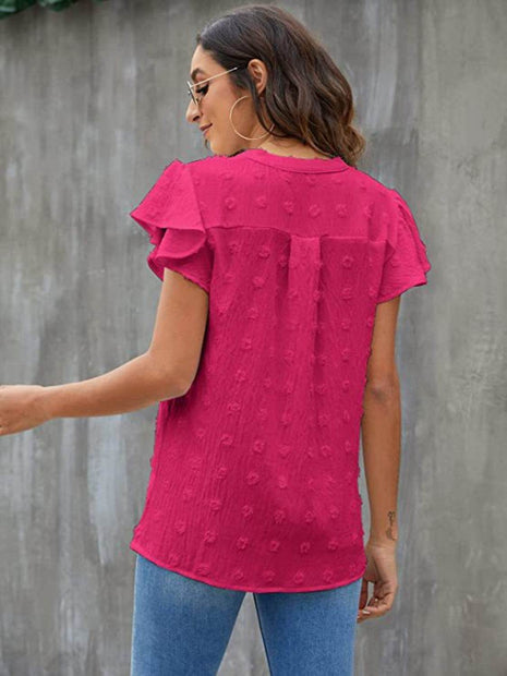Swiss Dot Notched Cap Sleeve Blouse - MimiStylez