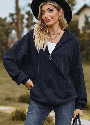 Drawstring Zip Up Dropped Shoulder Hoodie - MimiStylez