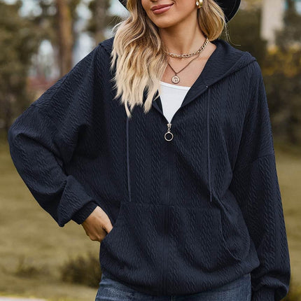 Drawstring Zip Up Dropped Shoulder Hoodie - MimiStylez