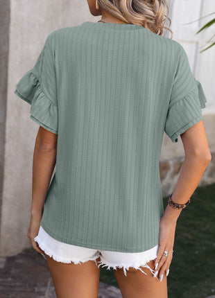 Ruffled Round Neck Short Sleeve Blouse - MimiStylez