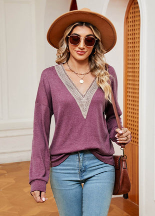 Contrast V-Neck Long Sleeve Blouse - MimiStylez