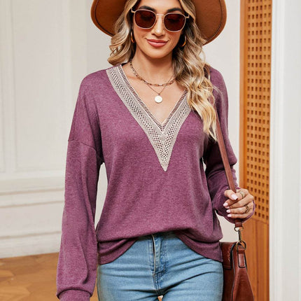 Contrast V-Neck Long Sleeve Blouse - MimiStylez