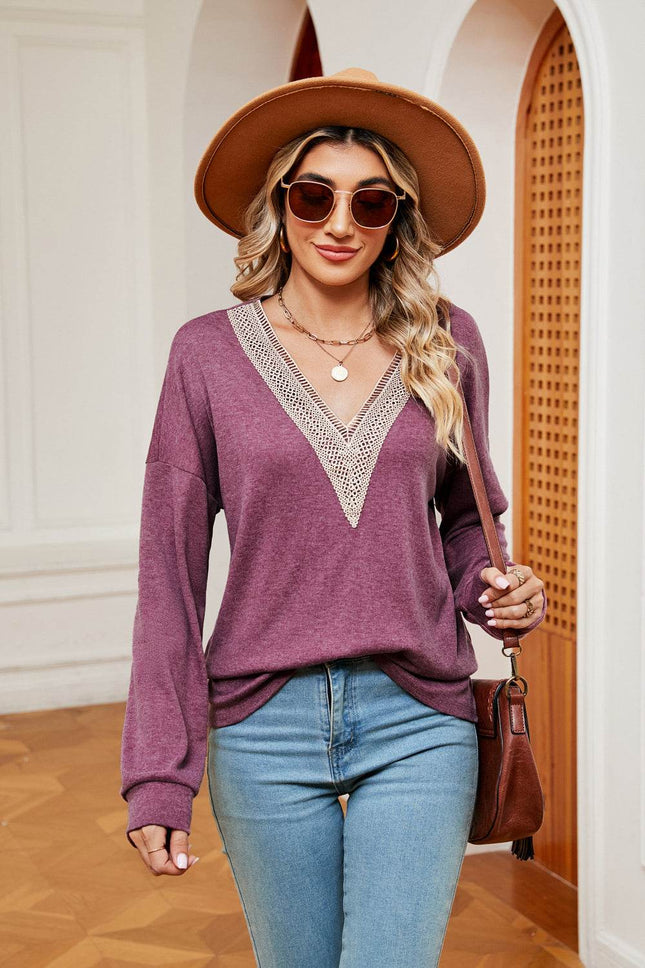 Contrast V-Neck Long Sleeve Blouse - MimiStylez