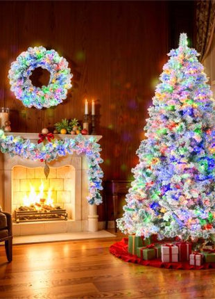 6FT Flocked Pre Lit Christmas Tree, With Garland & Wreath, Artificial Hinged Xmas Tree With Colorful LED Lights, 8 Lighting Modes, Pine Cones