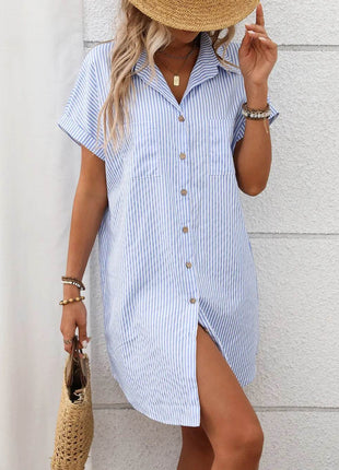Striped Button Down Short Sleeve Mini Dress - MimiStylez