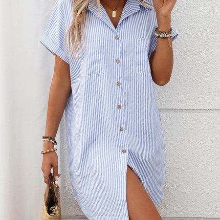 Striped Button Down Short Sleeve Mini Dress - MimiStylez