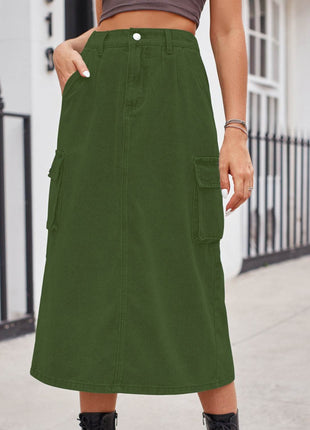 Slit Buttoned Denim Skirt with Pockets - MimiStylez