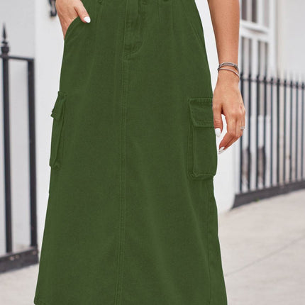 Slit Buttoned Denim Skirt with Pockets - MimiStylez