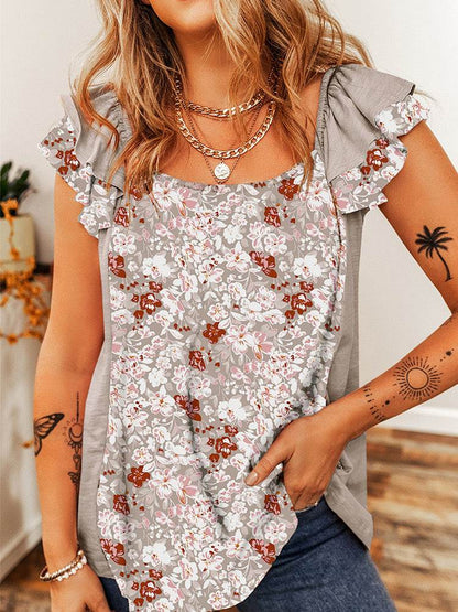 Ruffled Floral Square Neck Cap Sleeve Blouse - MimiStylez
