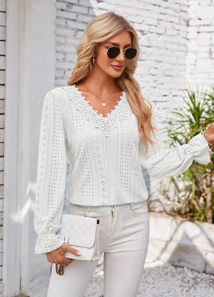 Applique V-Neck Flounce Sleeve T-Shirt - MimiStylez